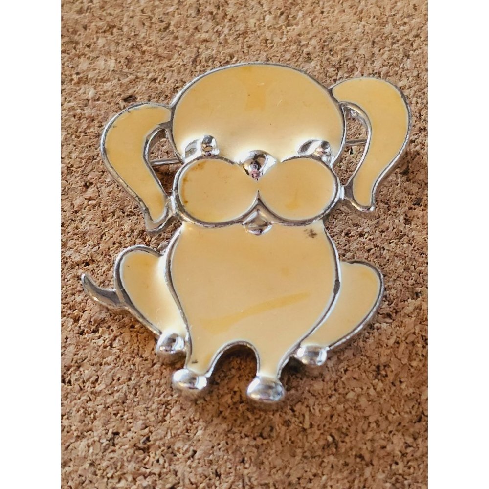Vintage enamel Dog brooch pin cream‎ Movement